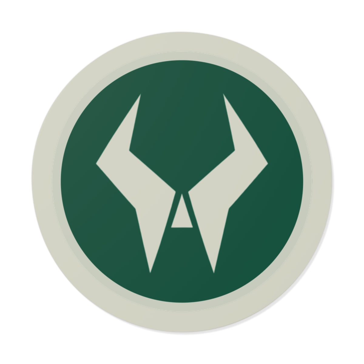 Round Oddsaint emblem sticker, cream mark on forest green