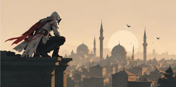 Hooded figure crouched on a rooftop above a domed city