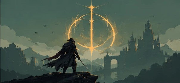 Lone warrior facing the golden ring over a ruined castle