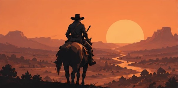 Rider on horseback overlooking a desert valley at sunset