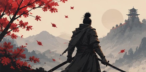 Swordsman under red maple leaves facing misty mountains